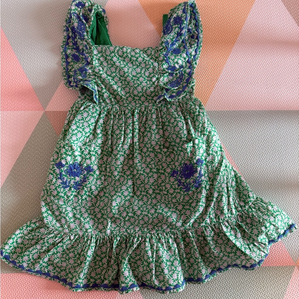 Mini Boden Green and Blue Floral Ruffle Dress